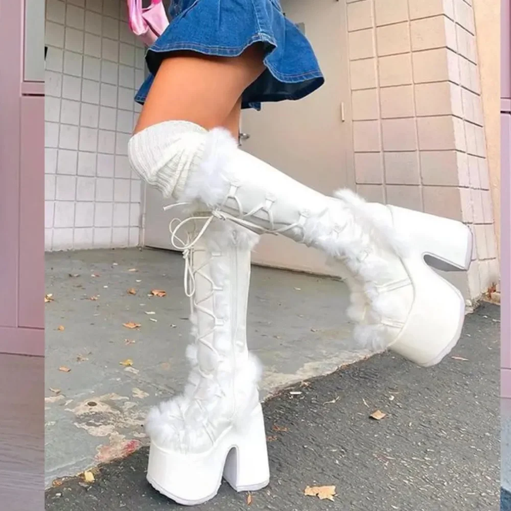 Shoes | Y2k White Fur Platform High Heel Boots | Poshmark